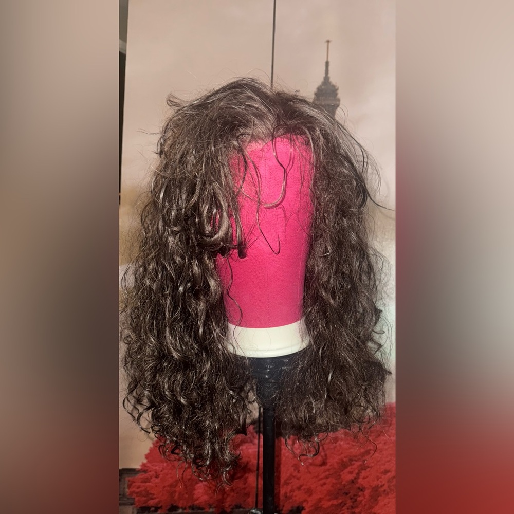 NWT U lace human hair curly brown wig. 18” comes with free wig tripod!!